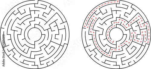 Circular maze illustration demonstrating solution path with red line showing navigation success