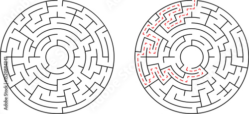 A circular maze with a solved path and unsolved maze illustrating a puzzle concept