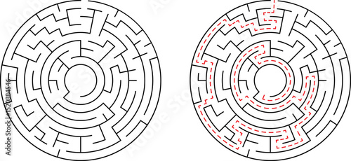 Circular maze with solution shown illustration concept for problem solving and strategy