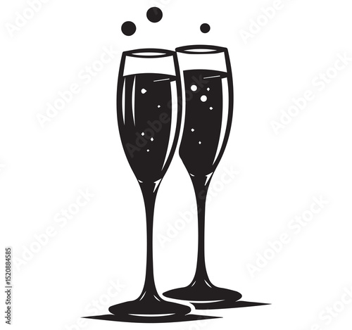 Detailed Black and White Illustration of Two Elegant Champagne Flutes with Bubbles for Festive Celebrations and Toasts