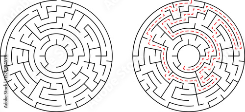 Circular maze vector with path solution depicting problem solving decision making and finding solutions