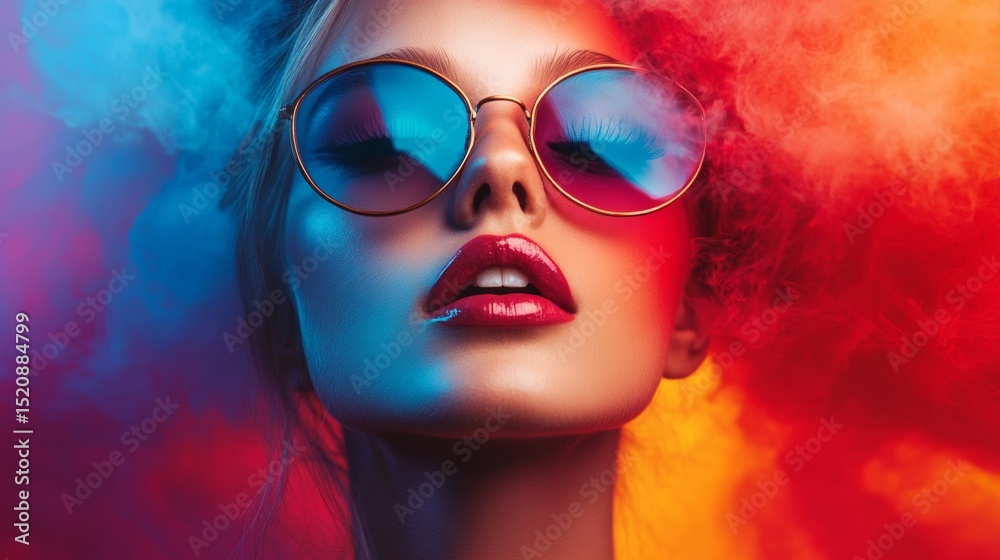 Fototapeta premium Colorful closeup portrait of woman in sunglasses with bold lighting and vibrant makeup glow setup