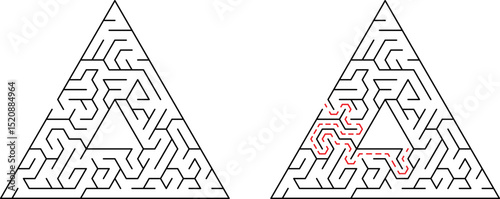 Triangular maze with solution indicated illustrating pathfinding and problem solving challenges