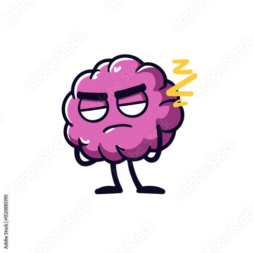 Annoyed Pink Brain Cartoon Character with Zzz, Grumpy pink brain cartoon with sleepy eyes and Zzz symbol, showing frustration, boredom, or mental fatigue in a humorous style.

