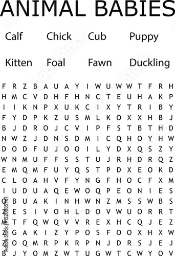 Animal babies word search puzzle game challenge brain teaser educational fun learning