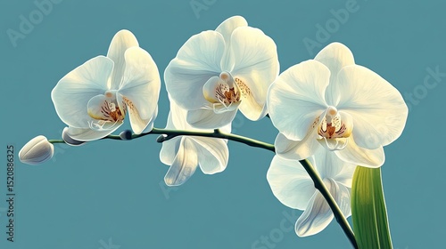 A close up of a stem of white orchids with a blue background in a brightly lit environment