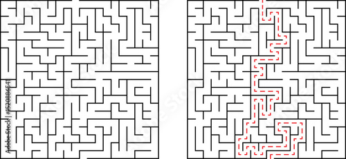 Two abstract mazes one solved with a red dashed line illustrating solution pathway