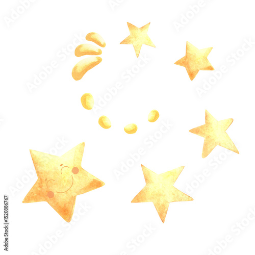 Cute little stars with sparkles watercolor illustration for baby desing. Yellow funny smiling character in star shape hand drawn isolated clip art. Sticker icon in playful kids style for nursery decor