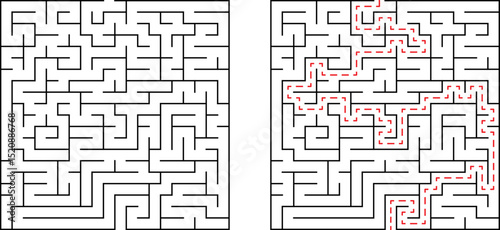Complex maze illustration with path highlighted in red showing the solution to the puzzle