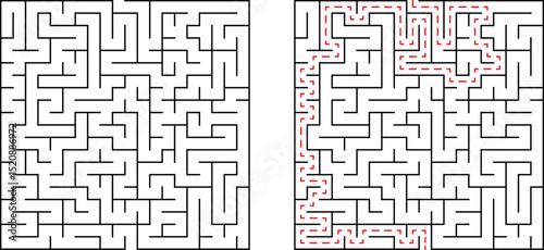 Complex maze and its solved path depicting problem solving and decision making