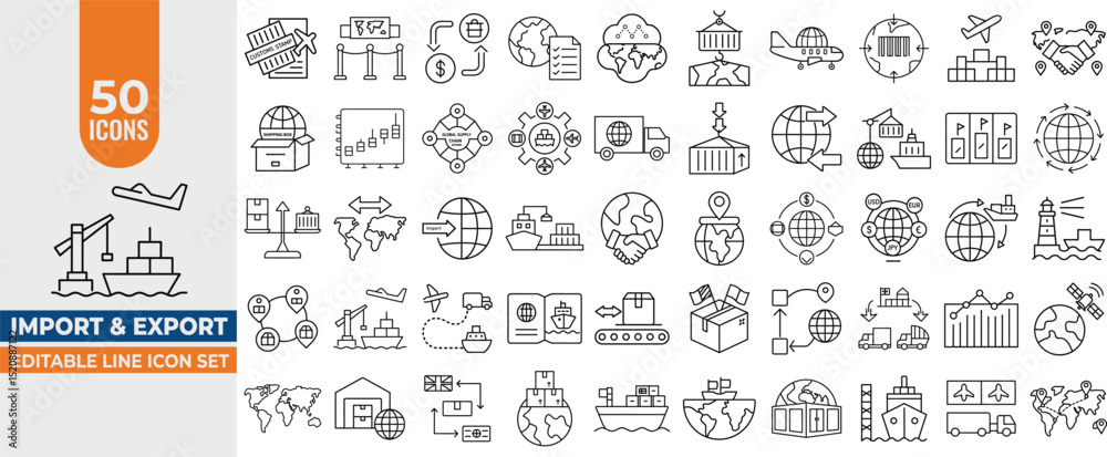 Naklejka premium Import & Export Line Icon Set – 50 Editable Vector Icons for Global Trade, Shipment, Containers & Packages