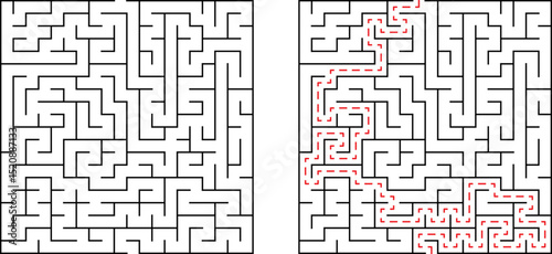 Complex maze with solved path indicating route and strategic problem solving concept
