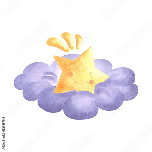 Cute little star on purple cloud watercolor illustration for baby desing. Funny smiling character in star shape hand drawn isolated print. Sticker in playful kids fairy dreams style for nursery decor.