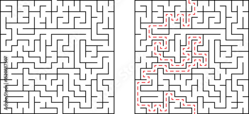 Complex maze and its solved path in black lines with red highlighted route