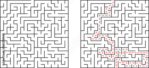 Complex black and white maze with solution highlighted demonstrating problem solving strategies
