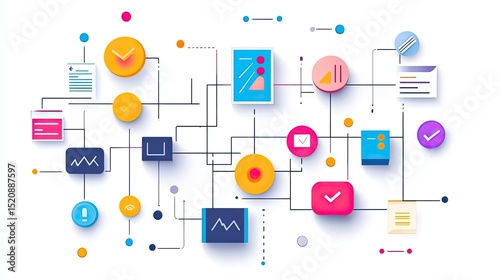 Illustration of a flowchart with colorful shapes and icons connected by lines on a white background