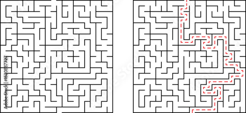 Complex maze and solution illustrating problem solving strategies and finding the right path