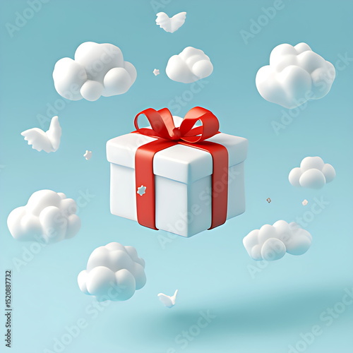 cloud with gift box pastel blue background concept 3d rendering