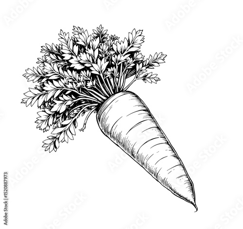 Fresh Carrot with Greens: A detailed line art illustration showcases a vibrant carrot with its lush green tops, rendered in a classic black and white style.
