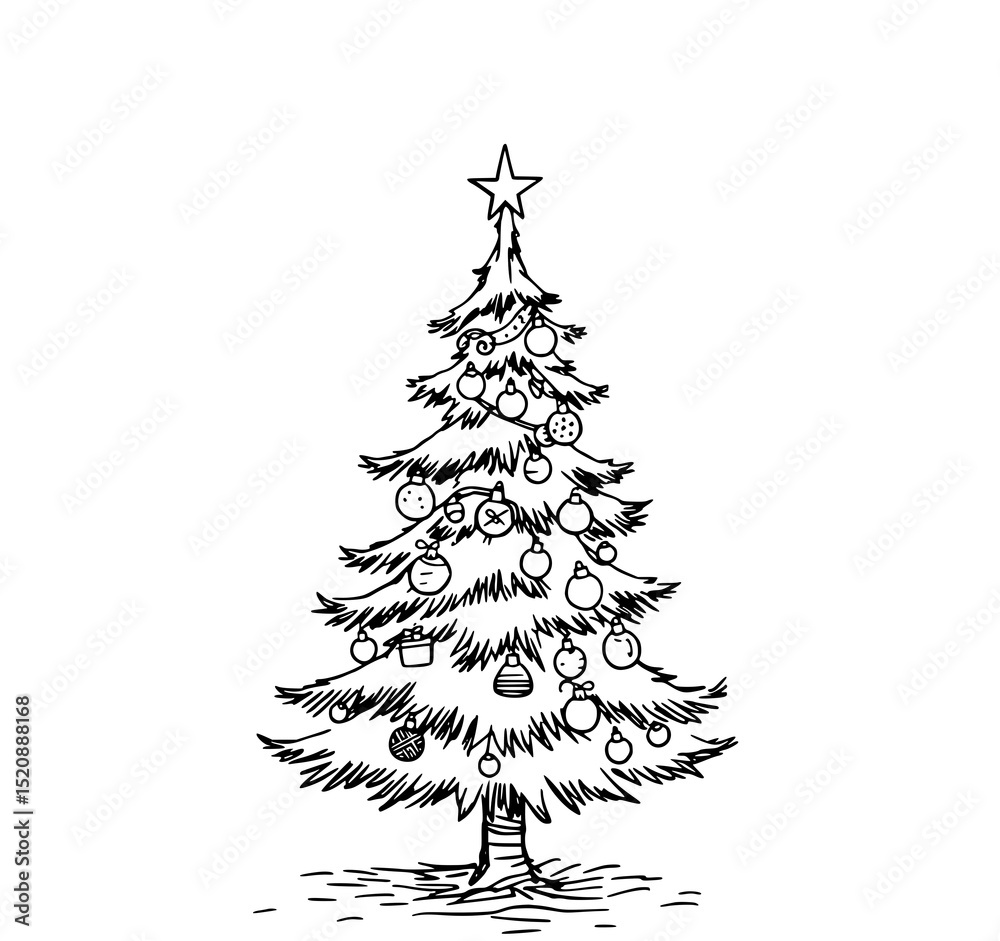 Fototapeta premium Decorated Christmas Tree: A charming black and white line art illustration of a festive Christmas tree adorned with ornaments, a star, and showcasing a hand-drawn style.