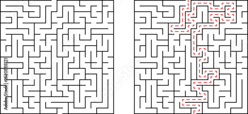 Complex black and white maze solution path indicated with red dotted line for concept