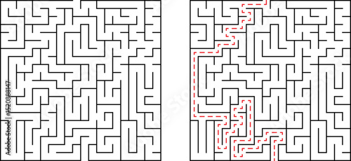 Complex black and white labyrinth with a solved route illustrated in red dashed lines