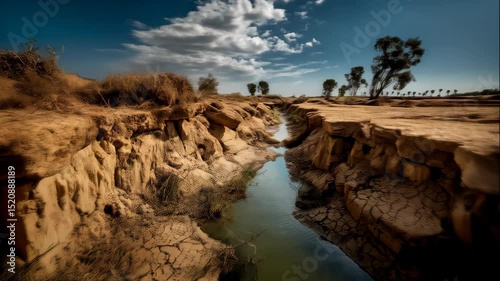 Dry arid landscape with eroded riverbed and cracked ground under blue sky with clouds, showcasing barren terrain and sparse vegetation