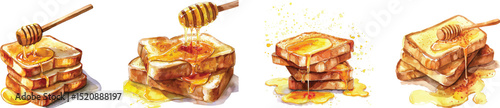 Toast with Honey Vector Illustration Set Isolated on White Background
