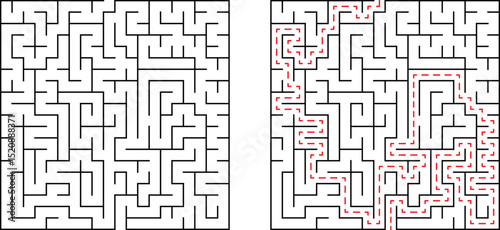 A complex maze solved showing the path with red dashed lines for education or illustration