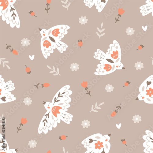 Cute pattern with birds with rustic folklore ornaments. Seamless texture with doves in Scandinavian style with flowers for wrapping paper or textile. Vector pattern in flat style on beige background. 