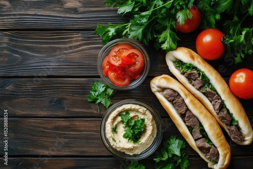 Overhead shot of two meat-filled rolls, hummus, sliced tomatoes, and parsley on a dark wood surface