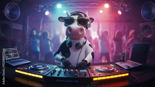 Animated Cow DJ at a Vibrant Nightclub Party