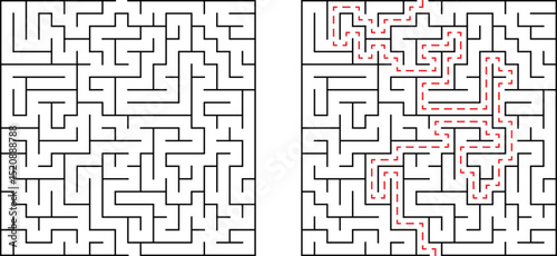Complex black and white maze with solved path highlighting successful solution process