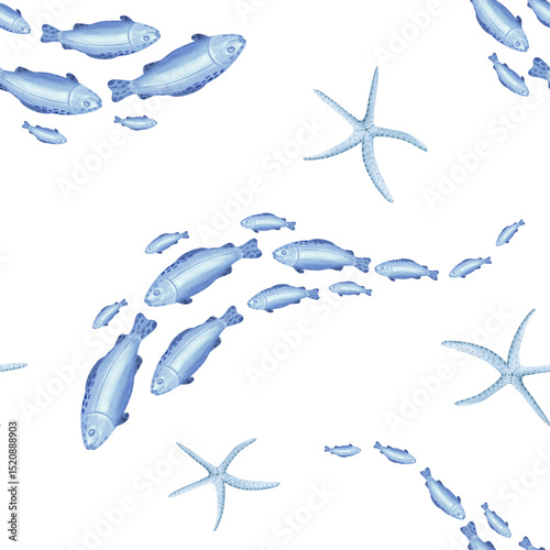 Fish flokes and starfishes watercolor seamless pattern for baby marine design. Cute sea animals illustration for nautical print. Hand drawn underwater fauna of ocean. Template in mediterranean style.