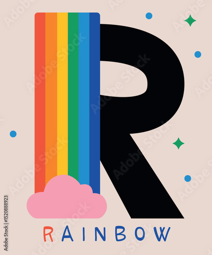 Colorful Rainbow Letter R with Cloud Vector Illustration. Vibrant vector illustration of the letter R integrated with a rainbow design cascading into a pink cloud.