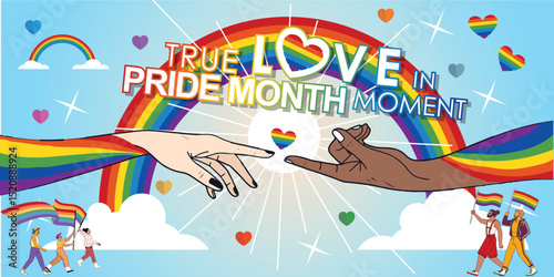 Vibrant Pride Month celebration! Diverse hands reaching for unity under a bright sky, surrounded by rainbows and hearts. People wave pride flags, embracing love and inclusivity.