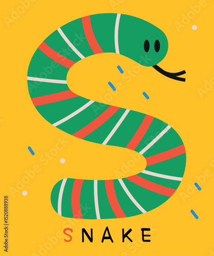 Colorful Snake Illustration, letter S. Ideal for children's learning materials, baby alphabet