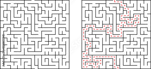 Complex maze design with solution path illustrated in red for problem solving concept