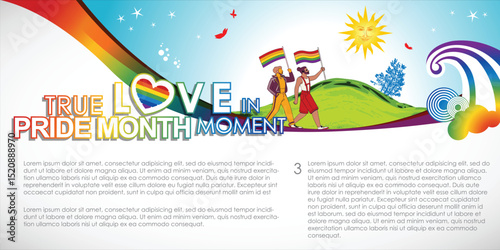 Celebrate True Love in Pride Month Moment with this vibrant vector template background, featuring a colorful LGBT rainbow design and joyful figures. Perfect for Pride Month campaigns for vector.