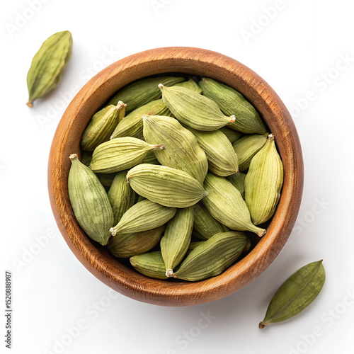 Cardamom Pods in a Wooden Bowl: An overhead shot presents a rich collection of cardamom pods, held within a rustic wooden bowl. The pods showcase vibrant hues of green.
