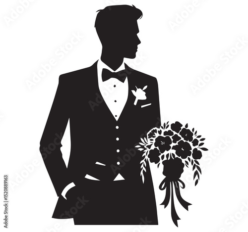 Elegant Black Silhouette Groom in Tuxedo Holding Wedding Bouquet Vector Illustration