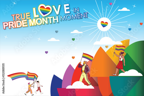 Celebrate True Love in Pride Month Moment with this vibrant vector template background, featuring a colorful LGBT rainbow design and joyful figures. Perfect for Pride Month campaigns for vector.