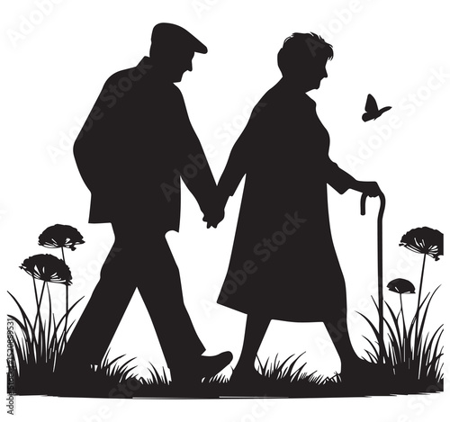 Elderly Couple Walking Hand in Hand Silhouette in Nature with Bird and Flowers Vector Illustration