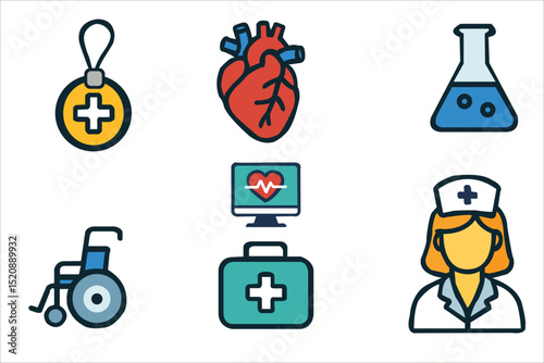Medical icons include pendant, cross, anatomical heart, flask, wheelchair, nurse
