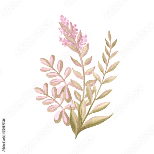 Watercolor flower twigs bouquet. Cute hand drawn violet branches with leaves. Illustration of wildflower botanical elements isolated. Spring purple floral background. Clipart of meadow or field plant.
