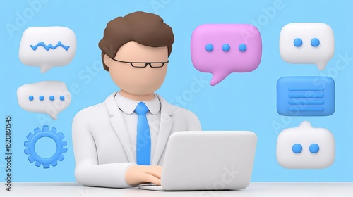 Professional man using laptop with chat icons for communication.