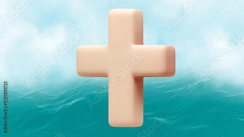 A stylized cross symbol over a serene blue ocean background.