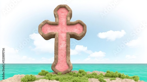 A pink cross stands on an island surrounded by calm ocean waters.
