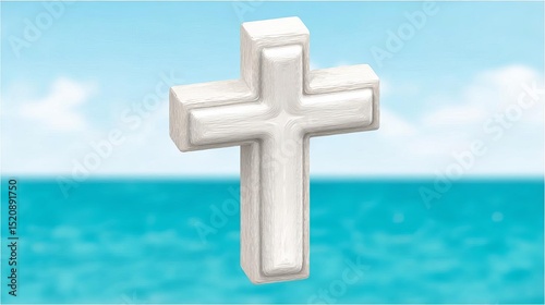 Elegant white cross against a serene ocean backdrop.