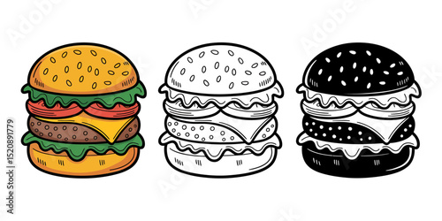 Delicious Triple-Decker Burger A Colorful Illustration of Three Styles